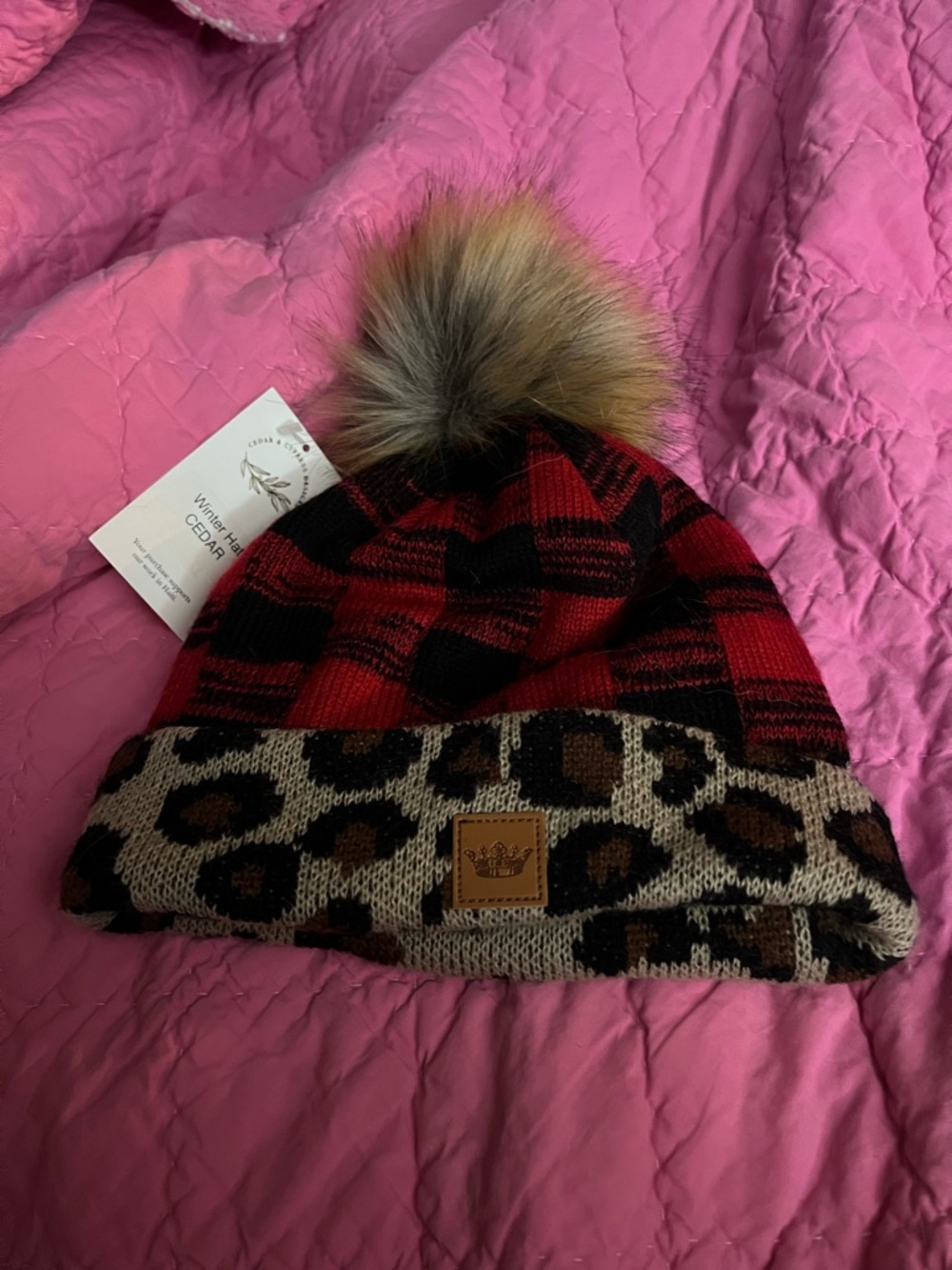 Cedar & Cypress Plaid Red & Black Beanie with Leopard Cuff and Faux Fur Pom